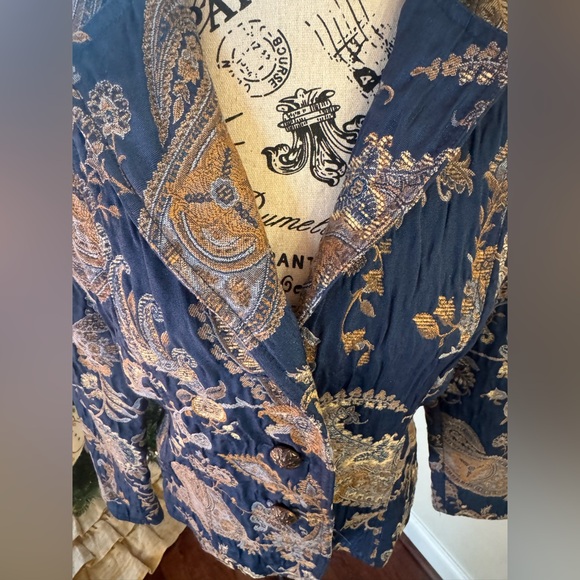 Vintage Brocade Gold Navy Metallic Blazer Jacket Women’s Medium Erin London 90s - Picture 5 of 10